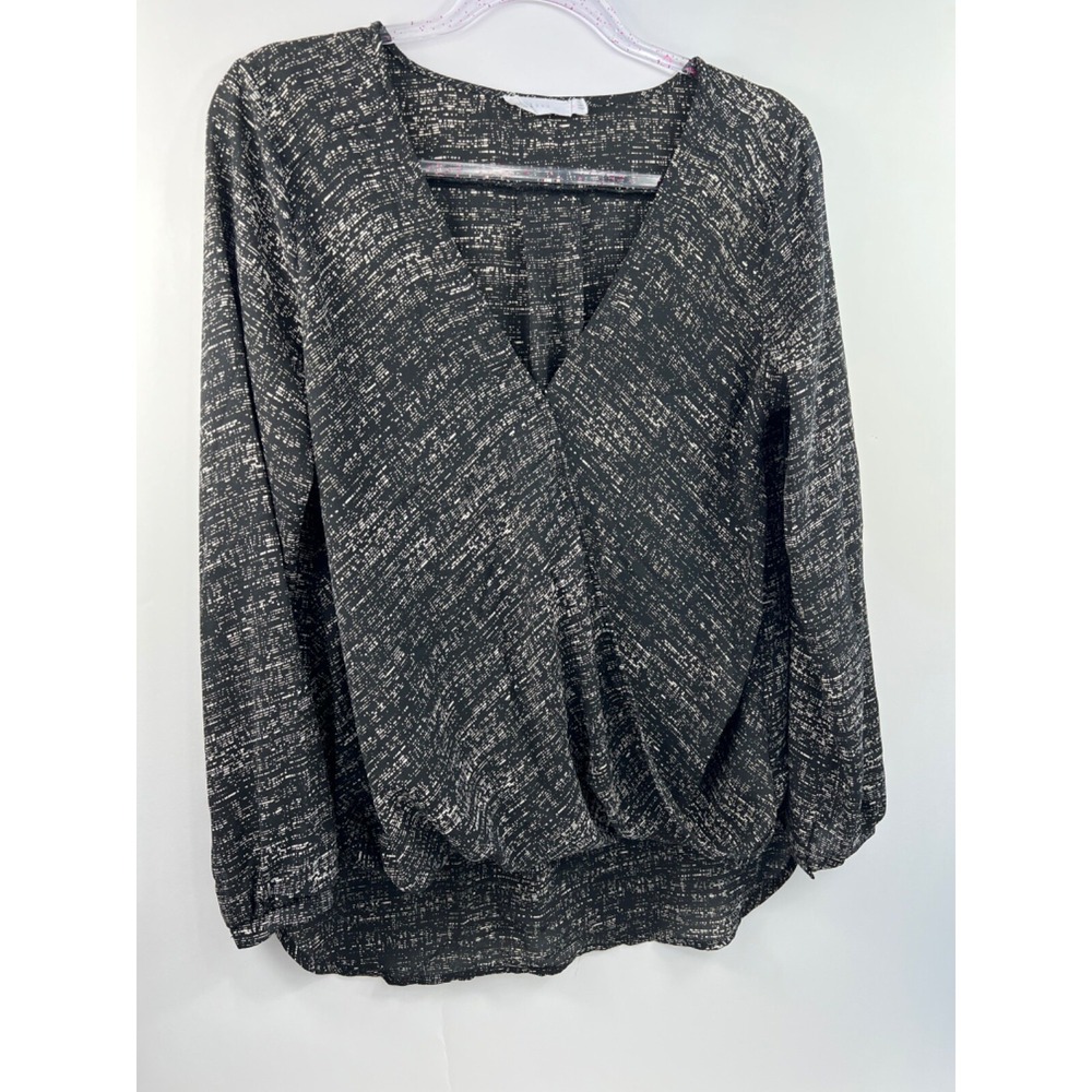 LUSH Wrap Tunic‎ Blouse Women's Size L Black Brown Wrap V Neck Long Sleeve
